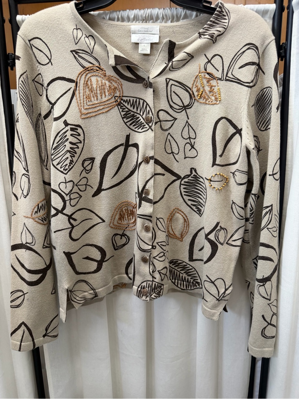 Christopher & Banks Cream Button-Up Fall Leaf Print Cardigan with Brown Accents